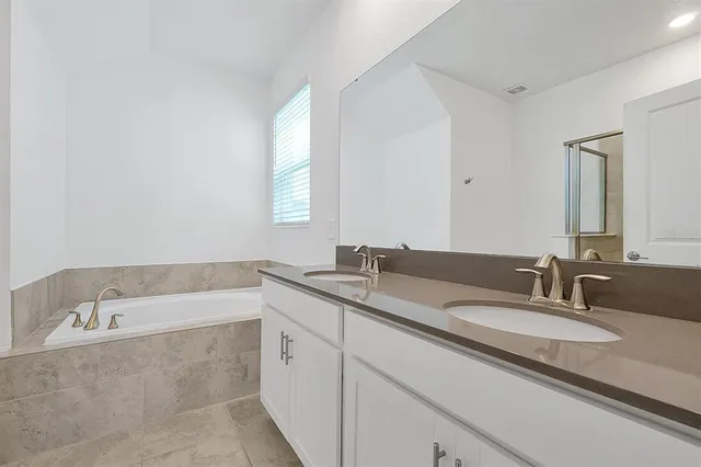 a bathroom with a granite countertop sink and a bathtub