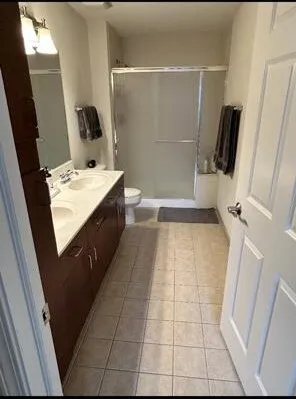 a bathroom with a sink a toilet a mirror and shower