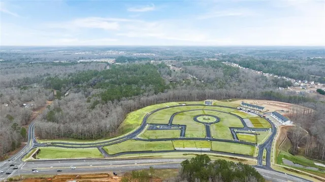 an aerial view of a swimming pool