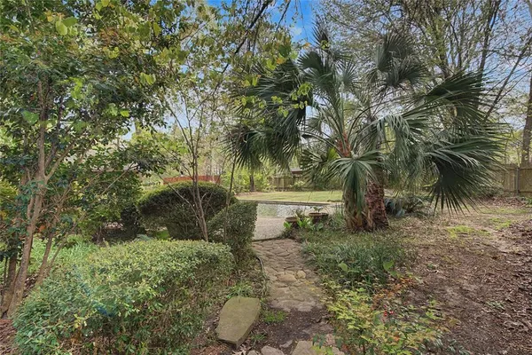 a view of a yard with large trees