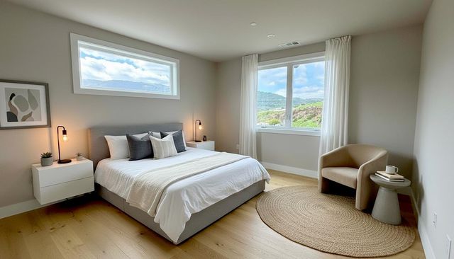 an aerial view of residential houses with outdoor space and trees