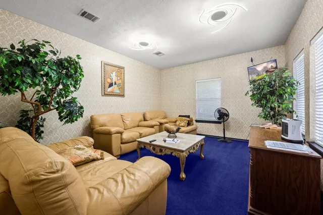 a living room with furniture potted plant and a window