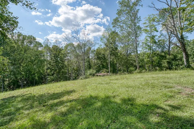 an aerial view of a house with yard