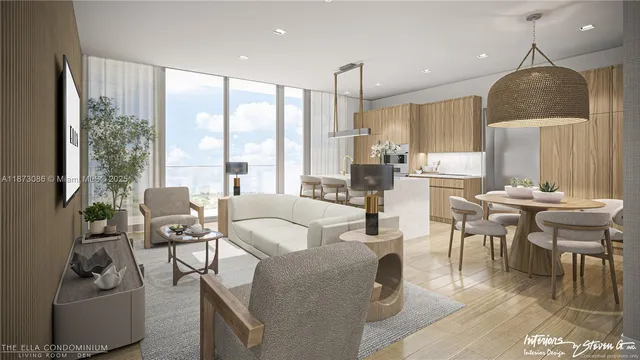 a living room with fireplace furniture and a large window