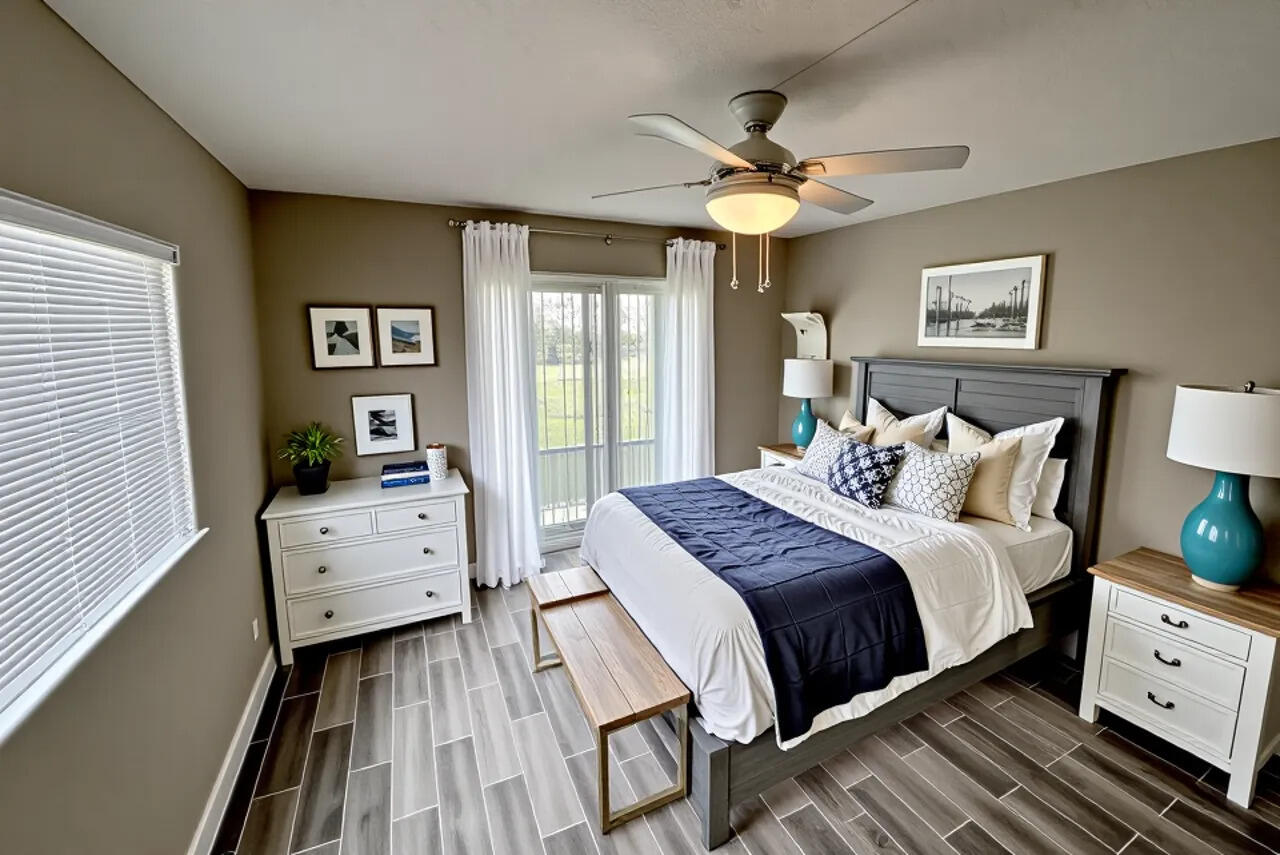 20 Saxony A, Unit A Delray Beach, FL 33446 - Photo 12 of 50 a bedroom with a bed and a chandelier