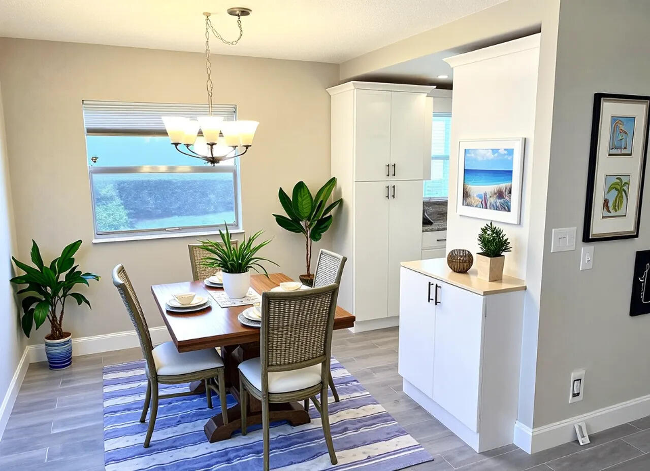 20 Saxony A, Unit A Delray Beach, FL 33446 - Photo 3 of 50 a view of a dining room with furniture a chandelier and wooden floor