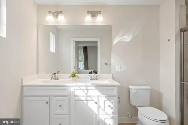a bathroom with a double vanity sink mirror and toilet