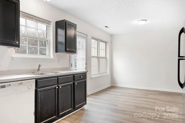 a kitchen with a sink cabinets and wooden floor