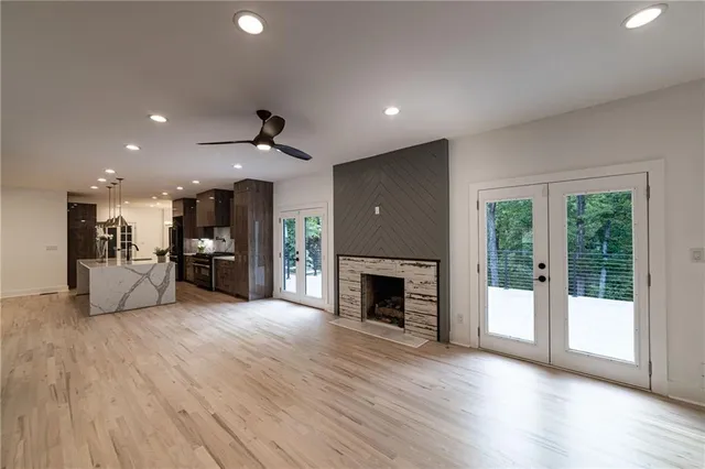 a view of a kitchen cabinets and chandelier