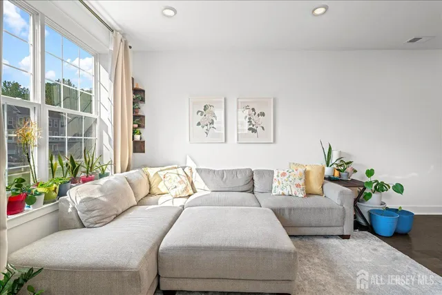 a living room with furniture and a potted plant