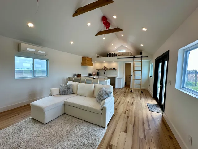 a living room with furniture and a wooden floor