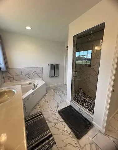 a bathroom with a sink and a shower