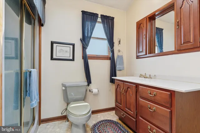 a bathroom with a toilet a sink and a mirror