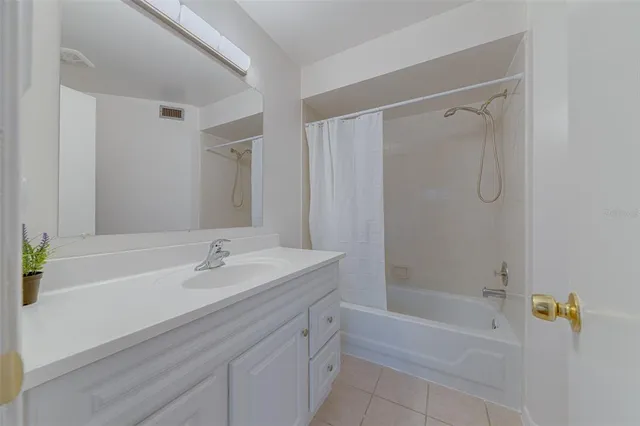 a bathroom with a tub shower vanity and a sink