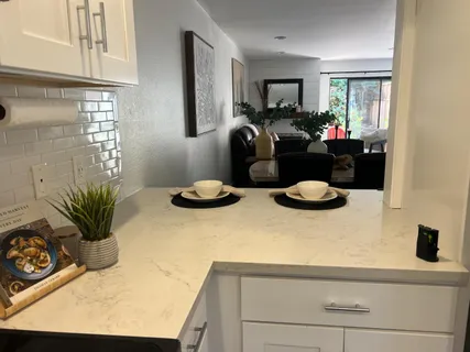 a living room with furniture and a potted plant