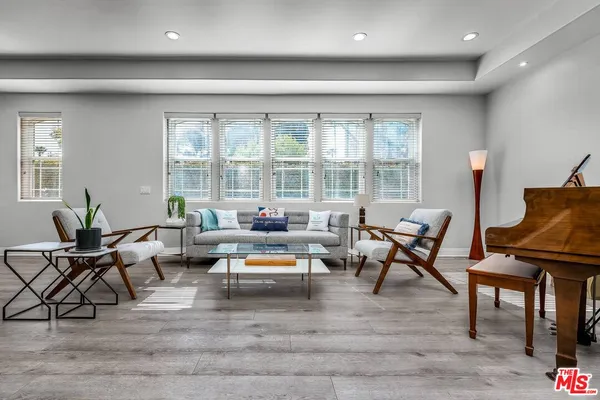 a living room with furniture and a potted plant with wooden floor