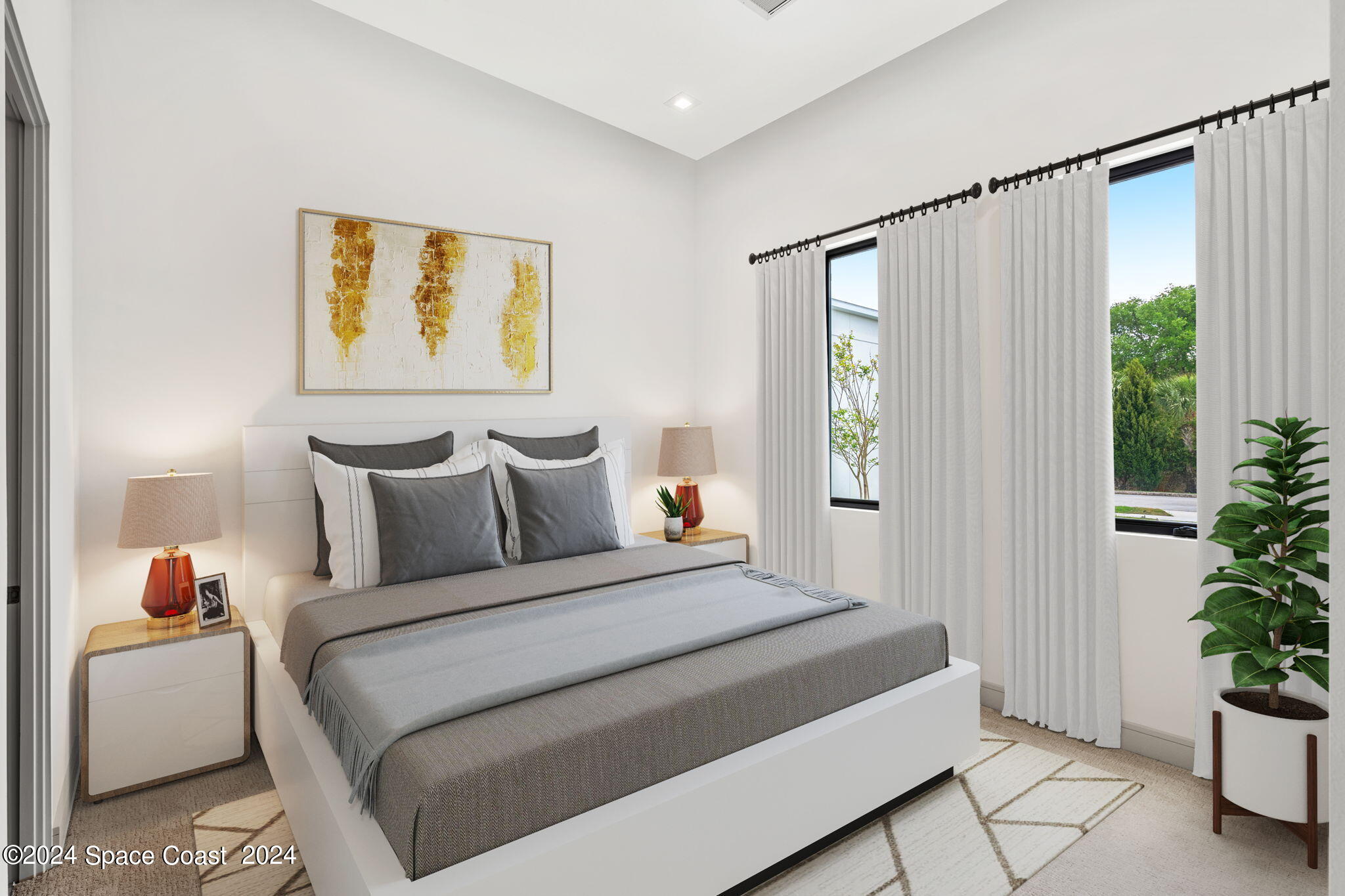 6374 Modern Duran Drive Melbourne, FL 32940 - Photo 22 of 55 a bedroom with a bed and a potted plant