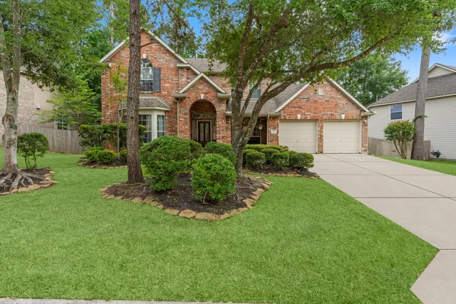 a view of a yard in front of a house with plants and large tree