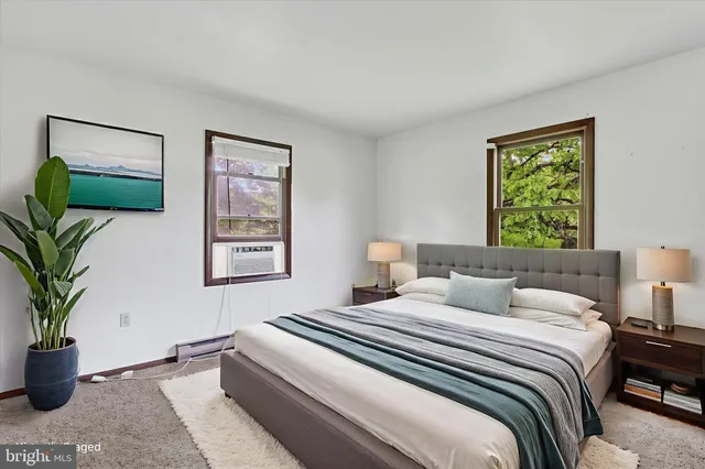 a bedroom with a large bed and a potted plant