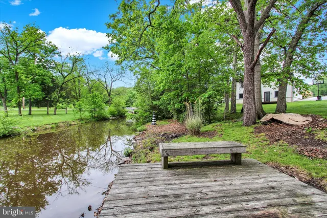 a view of a lake with a bench and trees