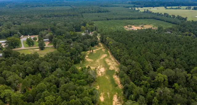 an aerial view of a residential houses with outdoor space and trees all around