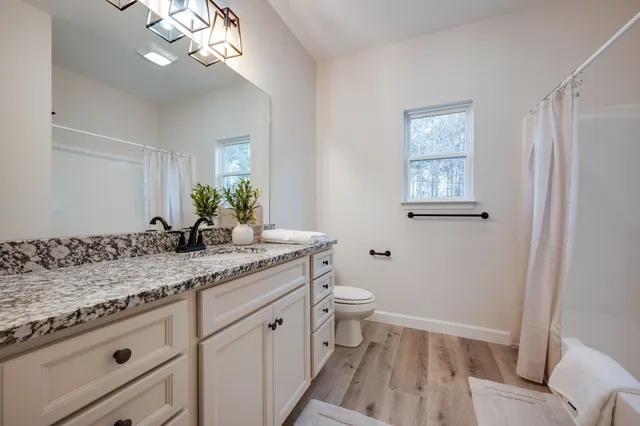 a bathroom with a granite countertop sink a toilet and a mirror