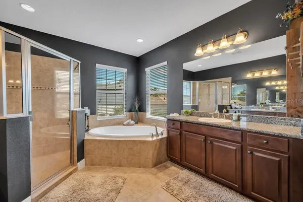 a bathroom with a sink a toilet and a large mirror