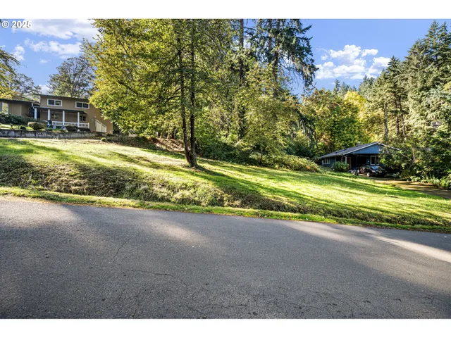 an aerial view of residential houses with outdoor space and trees
