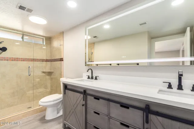 a bathroom with a sink a toilet and a mirror