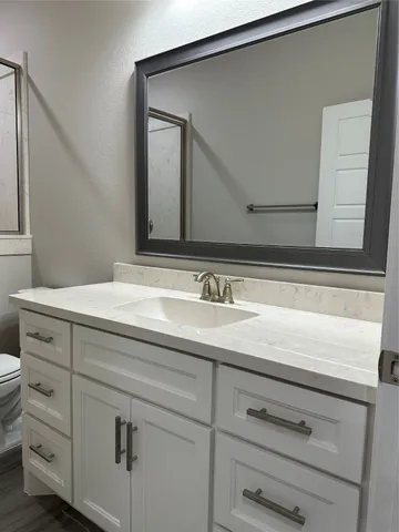 a bathroom with a sink and a mirror