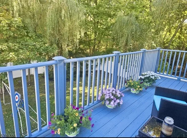 a garden view with a seating space