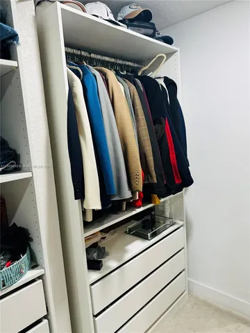 a view of walk in closet with clothes and shoes