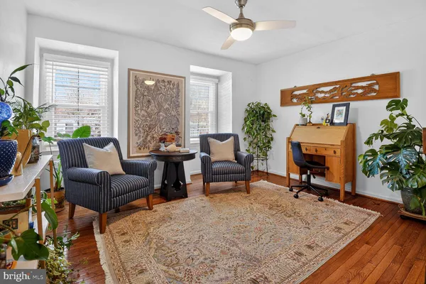a living room with furniture a potted plant and a large window