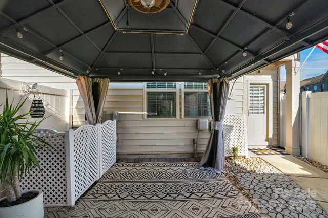 a porch with seating space