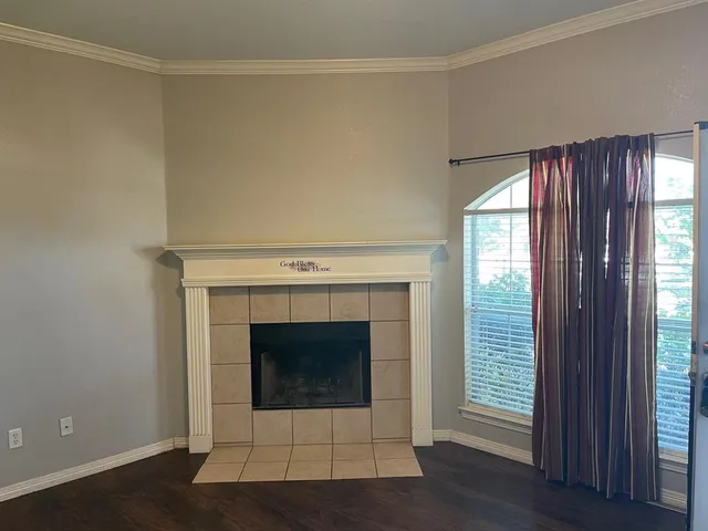 a white building with a fireplace