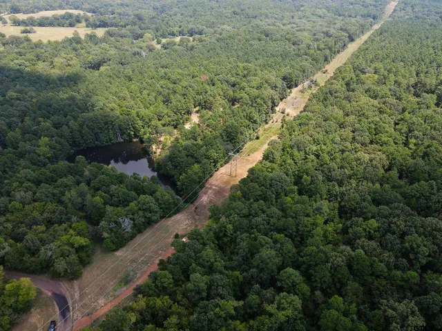 an aerial view of a house a yard and a pond