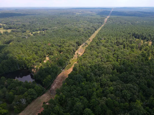 an aerial view of residential house with outdoor space and trees all around