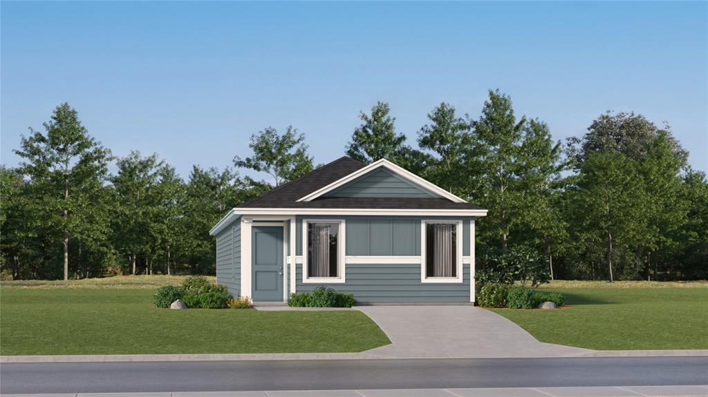 205 Acorn Road Princeton, TX 75407 - Photo 1 of 1 Single-story residence featuring blue siding with white trim, a dark shingle roof, a front-facing gable, and a light-colored driveway
