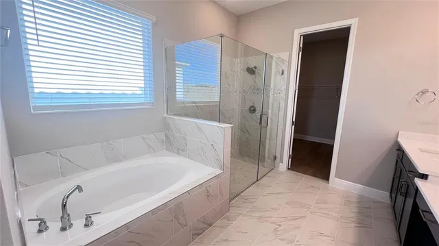 a bathroom with a bathtub and a shower