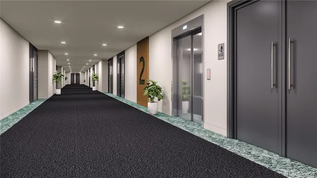 a view of a hallway with windows