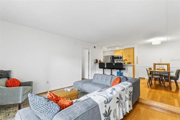 a living room with furniture and a dining table with wooden floor