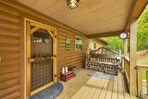 a balcony with wooden floor