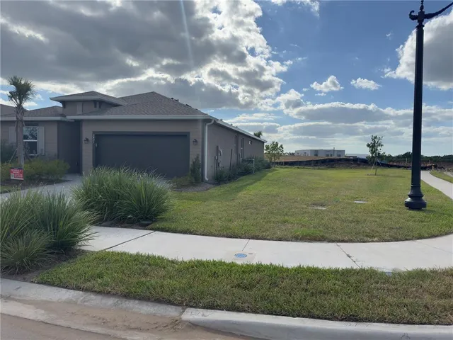 a view of a backyard with plants and palm trees