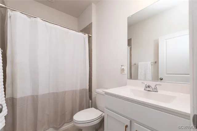 a bathroom with a sink a toilet a mirror and shower curtain