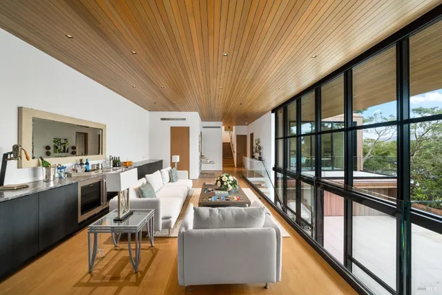 an aerial view of a house with a garden