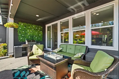 a building outdoor space with patio furniture