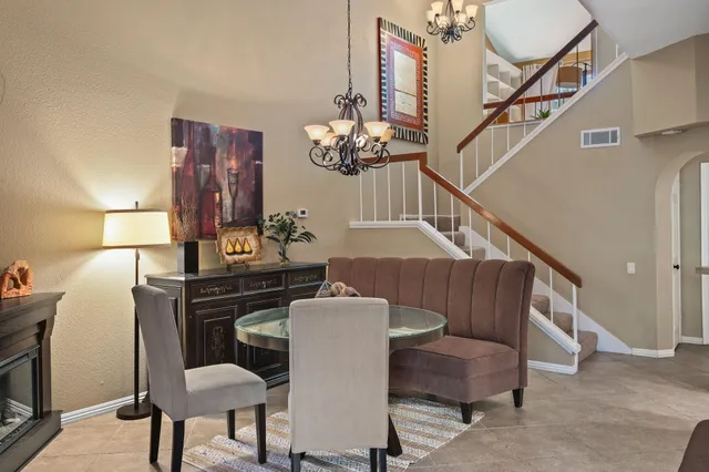 a view of a dining room with furniture