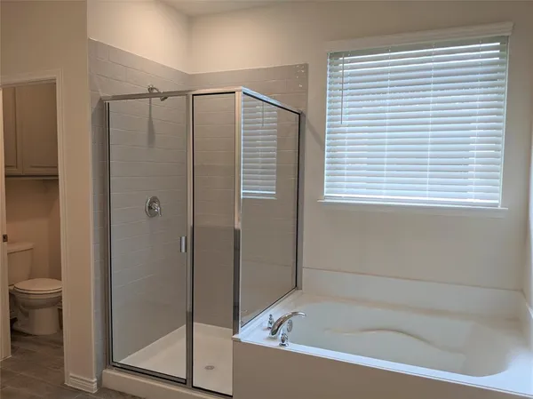 a bathroom with a shower and a toilet