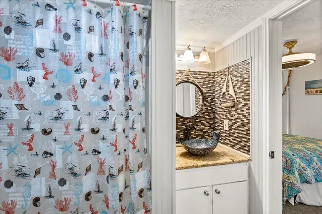 a bathroom with a shower curtain
