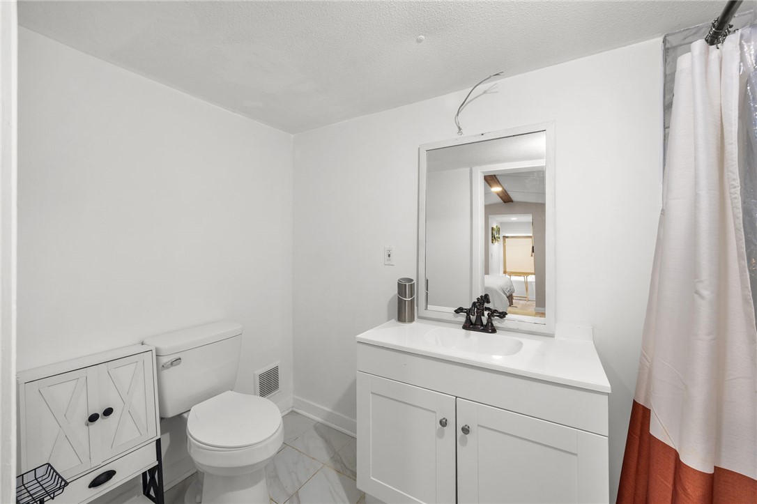 217 Old River Road Pelzer, SC 29669 - Photo 15 of 30 This functional bathroom boasts a vanity, mirror, and toilet, offering practical amenities for daily routines.